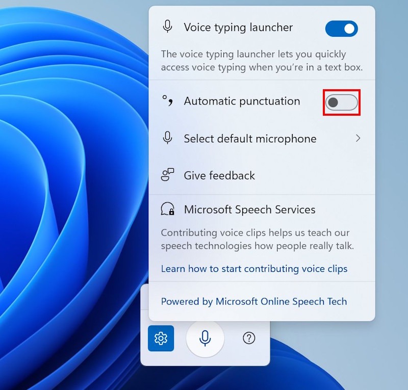 Click the Automatic punctuation switch to enable automatic punctuation marks